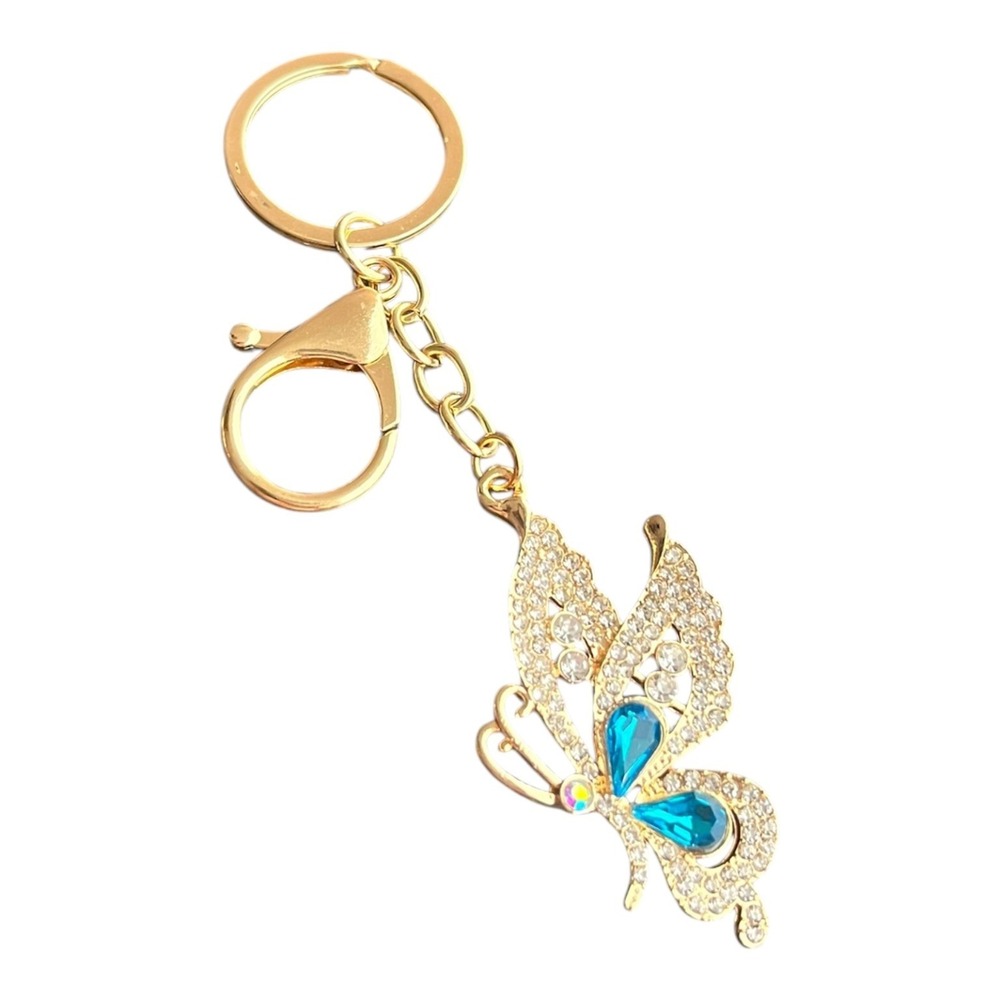 Women's Gold Blue Butterfly Key Chain 4" Rhinestone Crystal Bling Charm